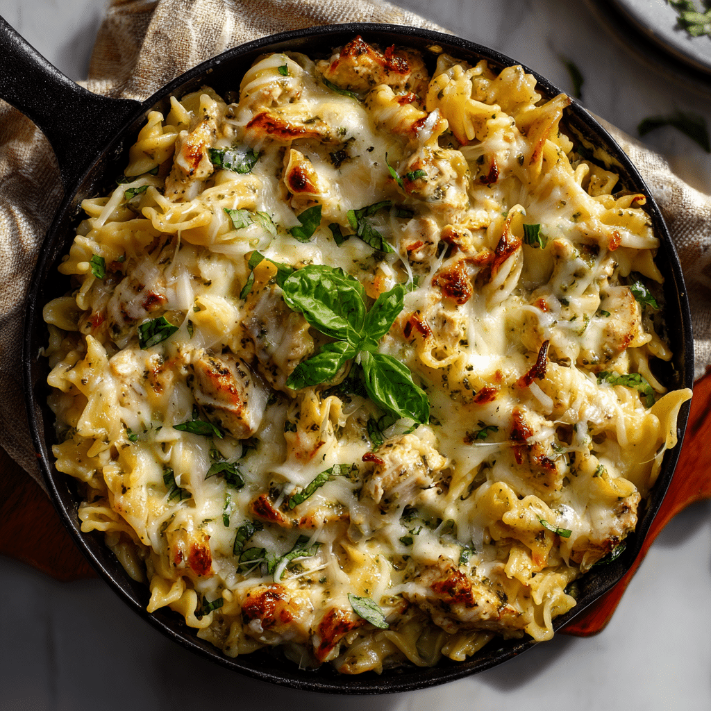 Featured creamy chicken pesto pasta in skillet.