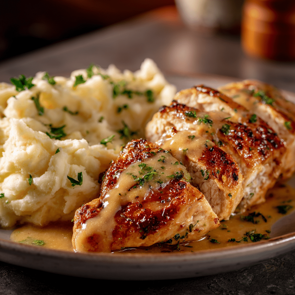 Featured skillet of creamy garlic chicken simmering in sauce.