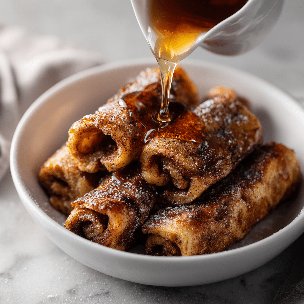 Serving dish of cinnamon roll French toast roll-ups