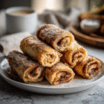 Golden cinnamon French toast roll-ups on a breakfast plate