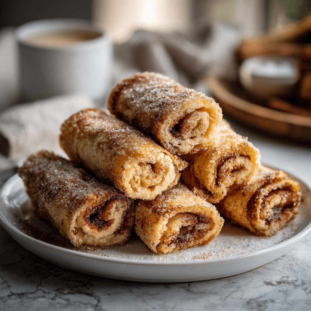 Golden cinnamon French toast roll-ups on a breakfast plate