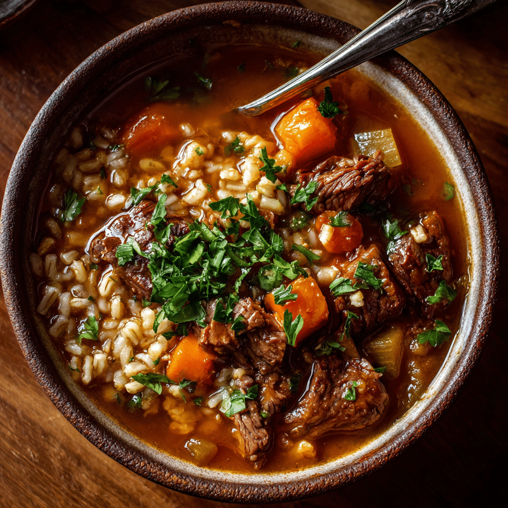 Featured pot of Gordon Ramsay Beef Barley Soup simmering.