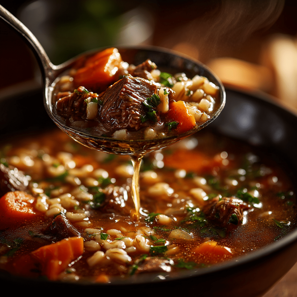 Featured pot of Gordon Ramsay Beef Barley Soup simmering.