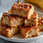 Freshly baked banana oatmeal bars on a plate