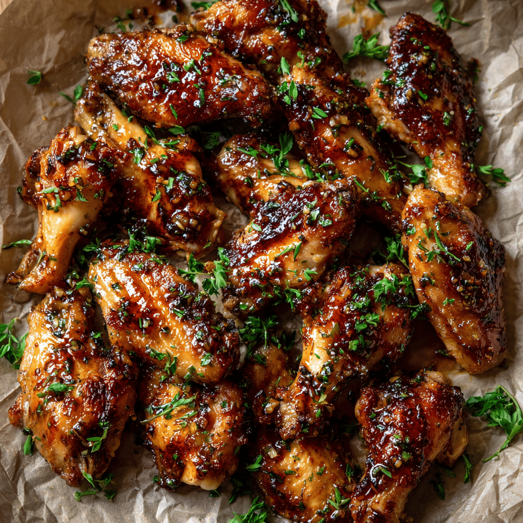 Featured Sweet Honey Garlic Chicken Wings freshly glazed.