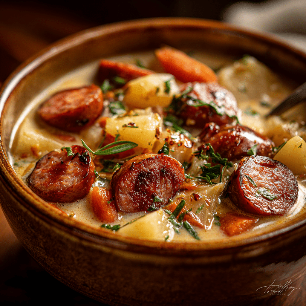 Featured pot of creamy Kielbasa Potato Soup simmering.