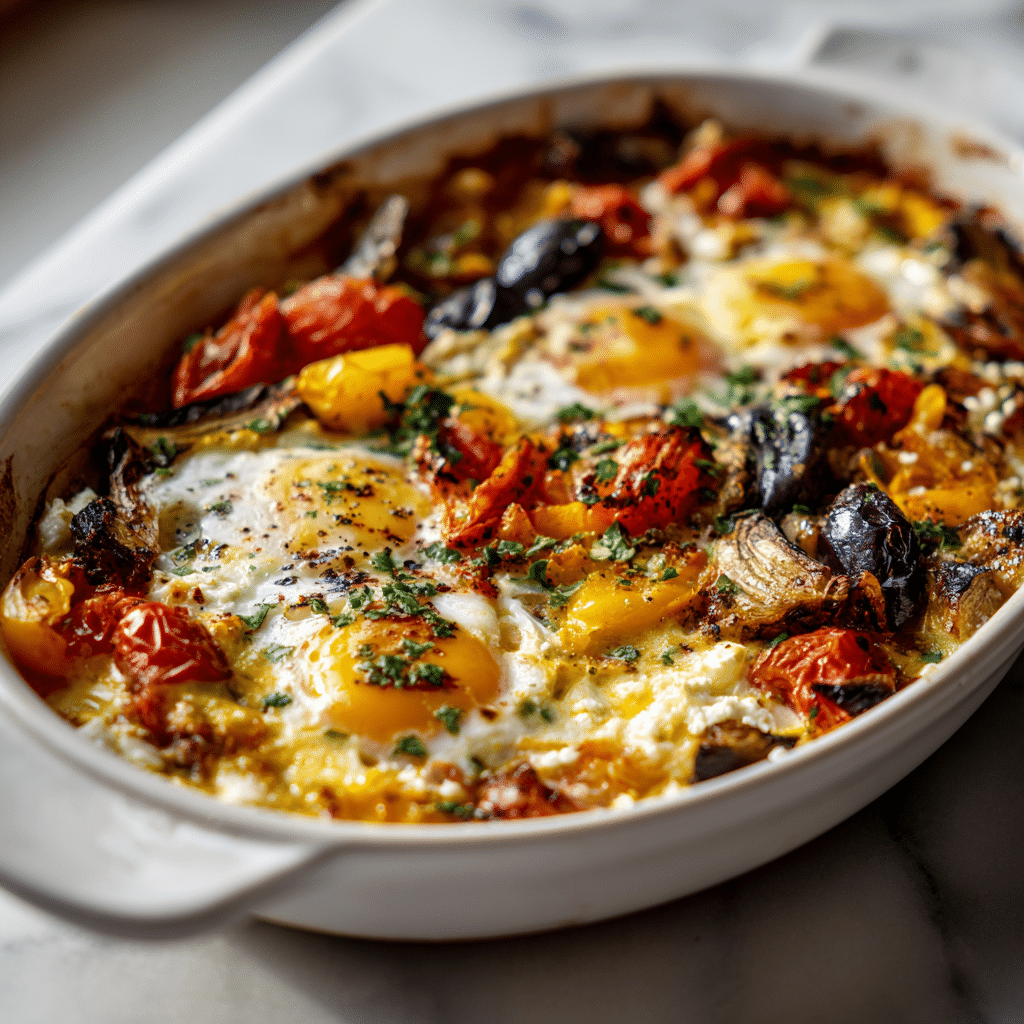 mediterranean baked feta eggs in baking dish