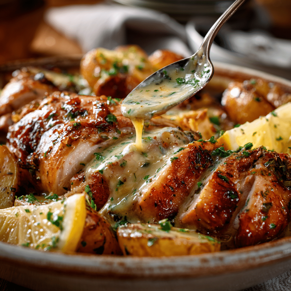 Featured Lemon Herb Pot Roast Chicken in Dutch oven.