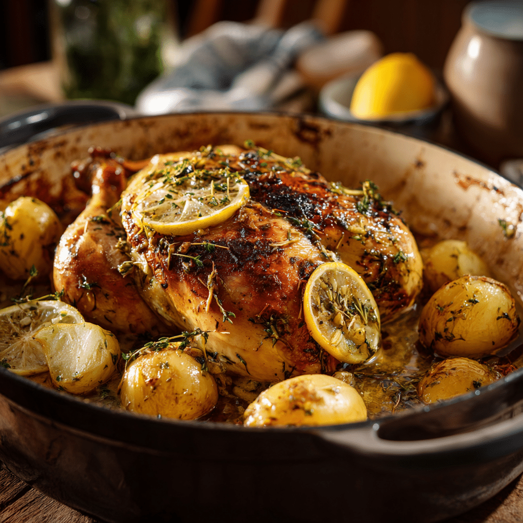 Featured Lemon Herb Pot Roast Chicken in Dutch oven.
