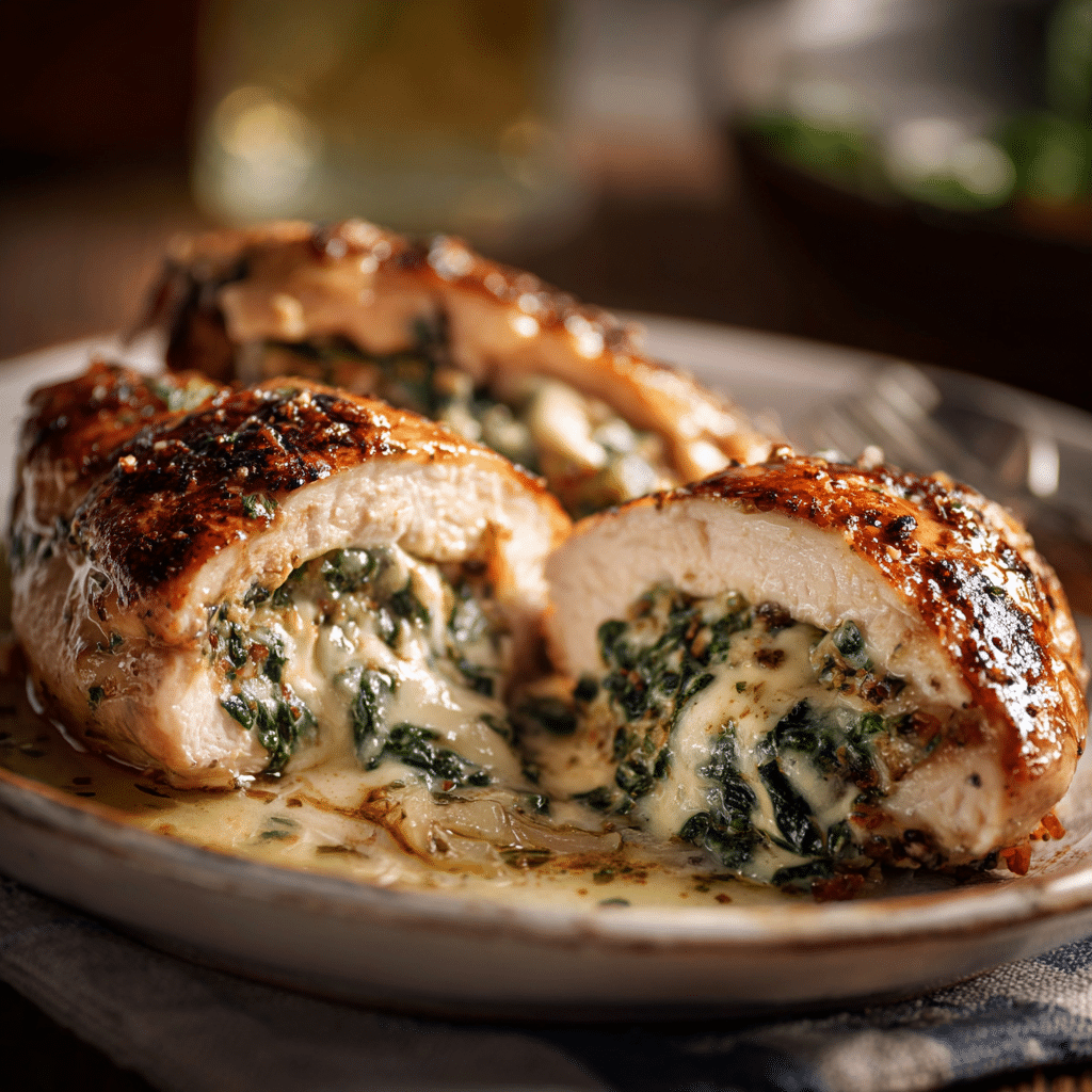 Featured Spinach Stuffed Chicken Breast with melted cheese.