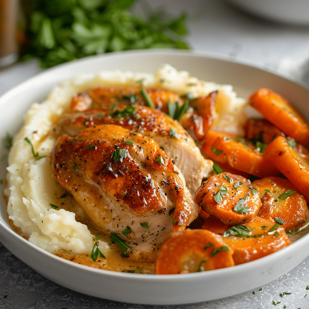 Creamy Herb Chicken with Mashed Potatoes & Glazed Carrots