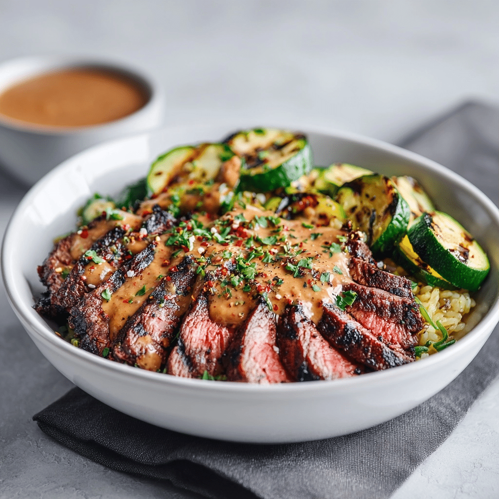 Grilled Steak Bowl with Sauce & Grilled Zucchini Bliss