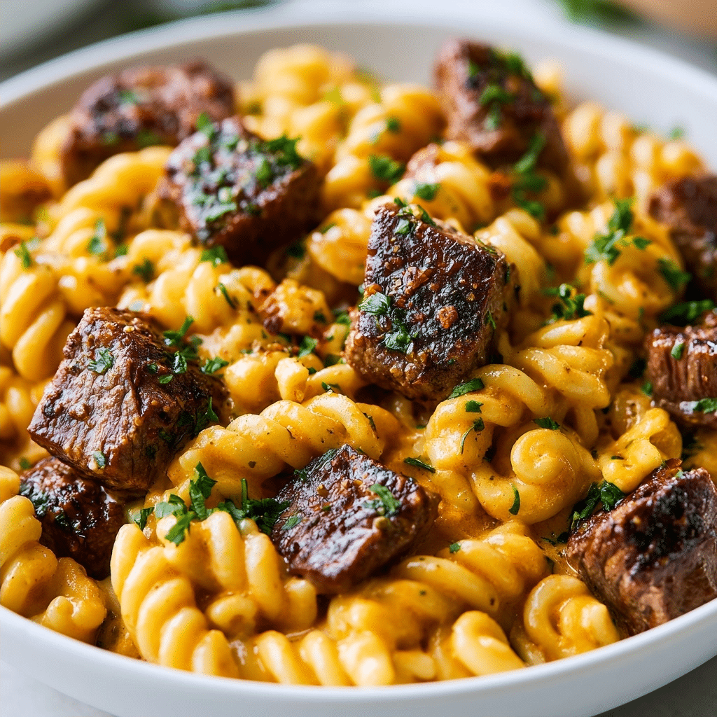 Creamy Garlic Butter Steak Bites with Spicy Cajun Alfredo Twisted Pasta