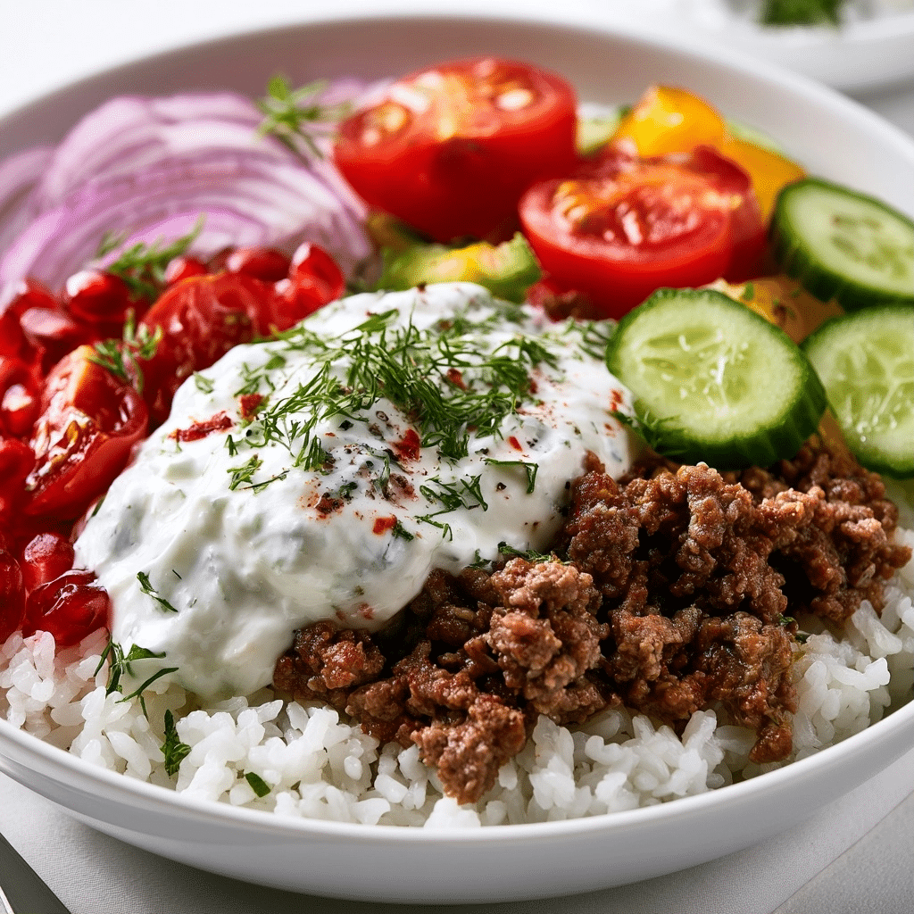 Homemade Greek Ground Beef Rice Bowl – Easy Dinner with Tzatziki