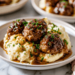 Salisbury Steak Meatballs with Garlic Herb Mashed