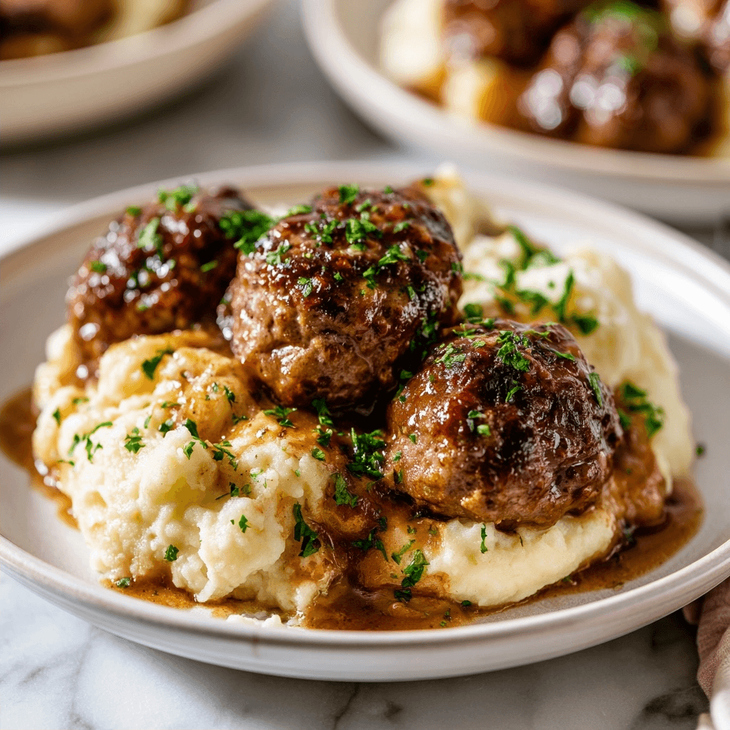 Salisbury Steak Meatballs with Garlic Herb Mashed