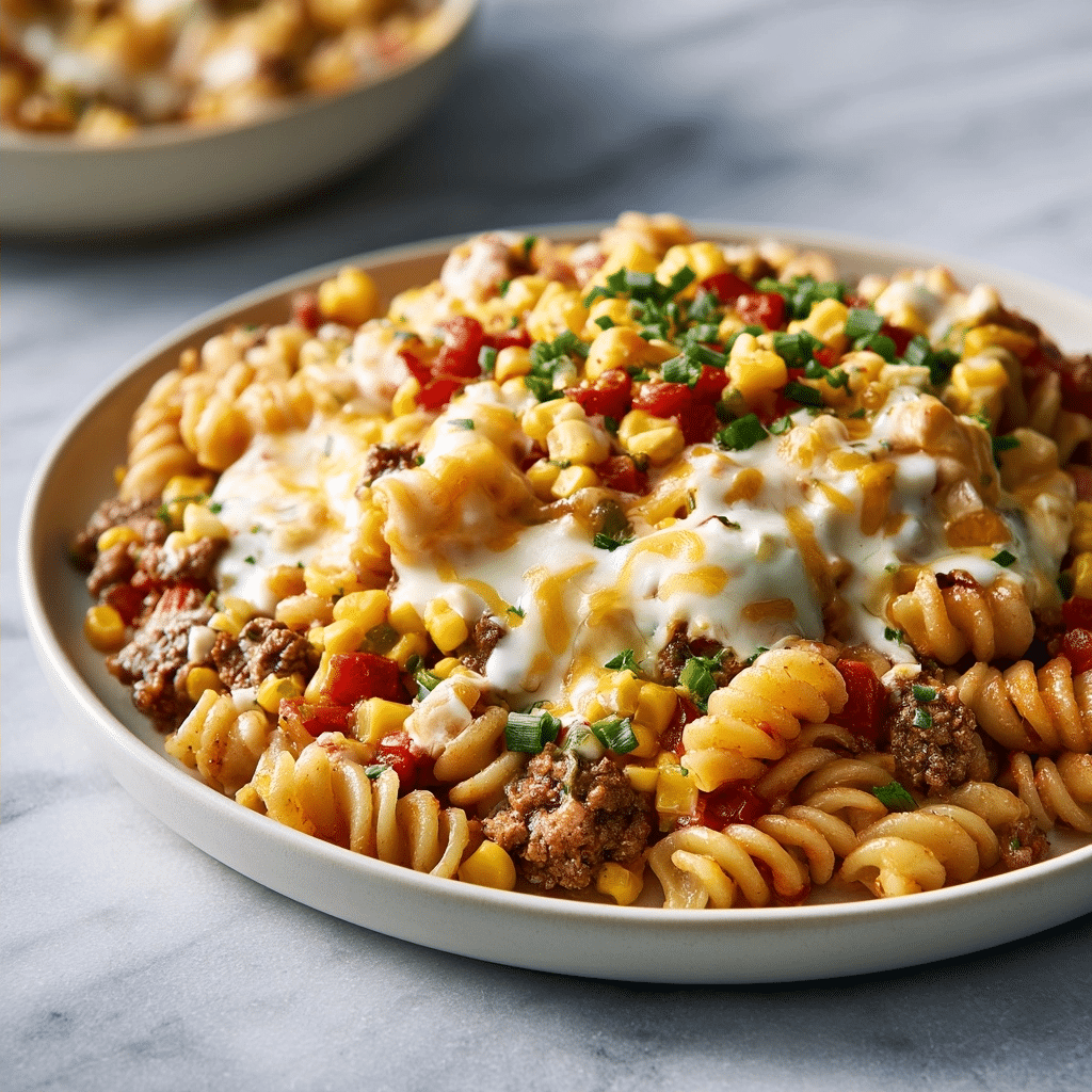 Loaded Cheddar Ranch Beef and Sweet Corn Rotini Bake