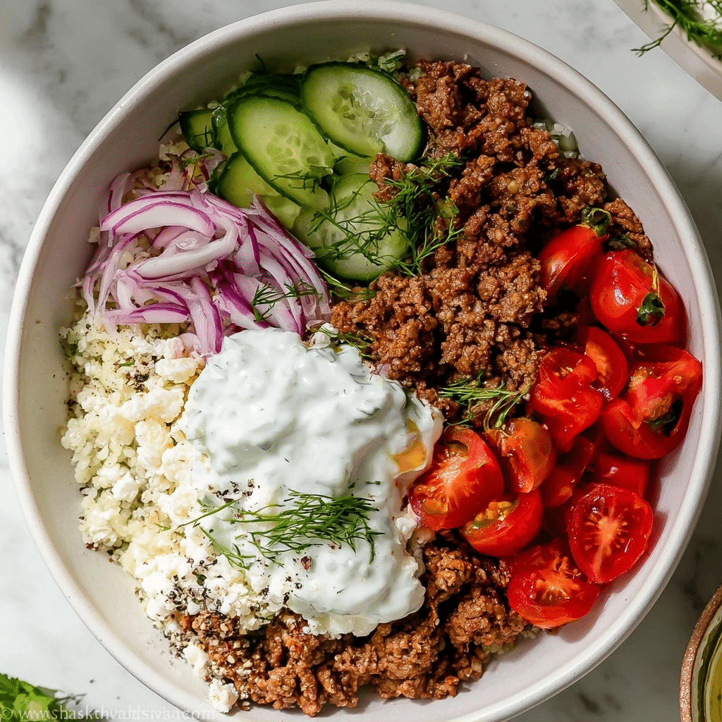 Greek Ground Beef Bowl with Tzatziki Recipe