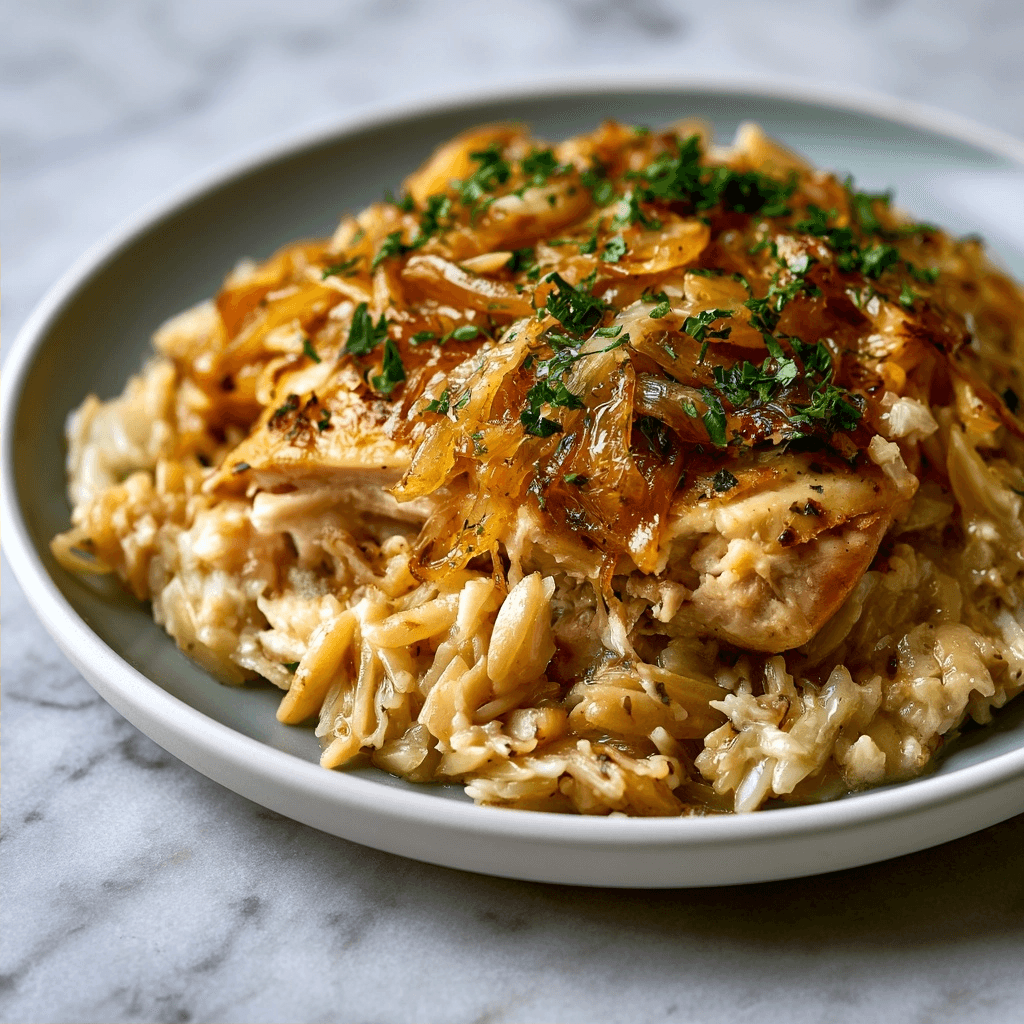 French Onion Chicken Orzo Casserole Recipe
