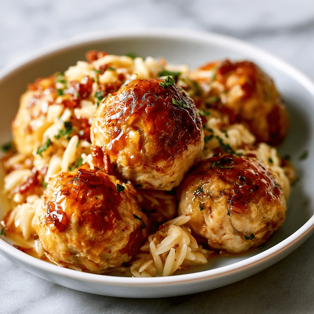 Easy Baked Ground Chicken Meatballs with Hot Honey Orzo
